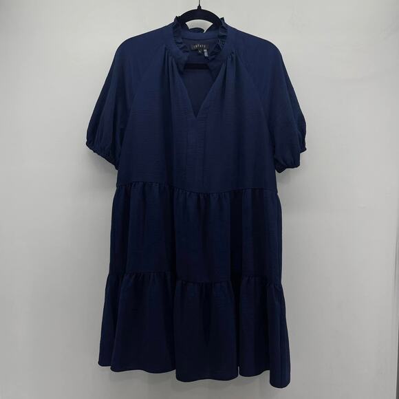 1 State Tiered Swing Dress Womens Large Dark Navy Blue Ruffles Puff Sleeve - Picture 1 of 5